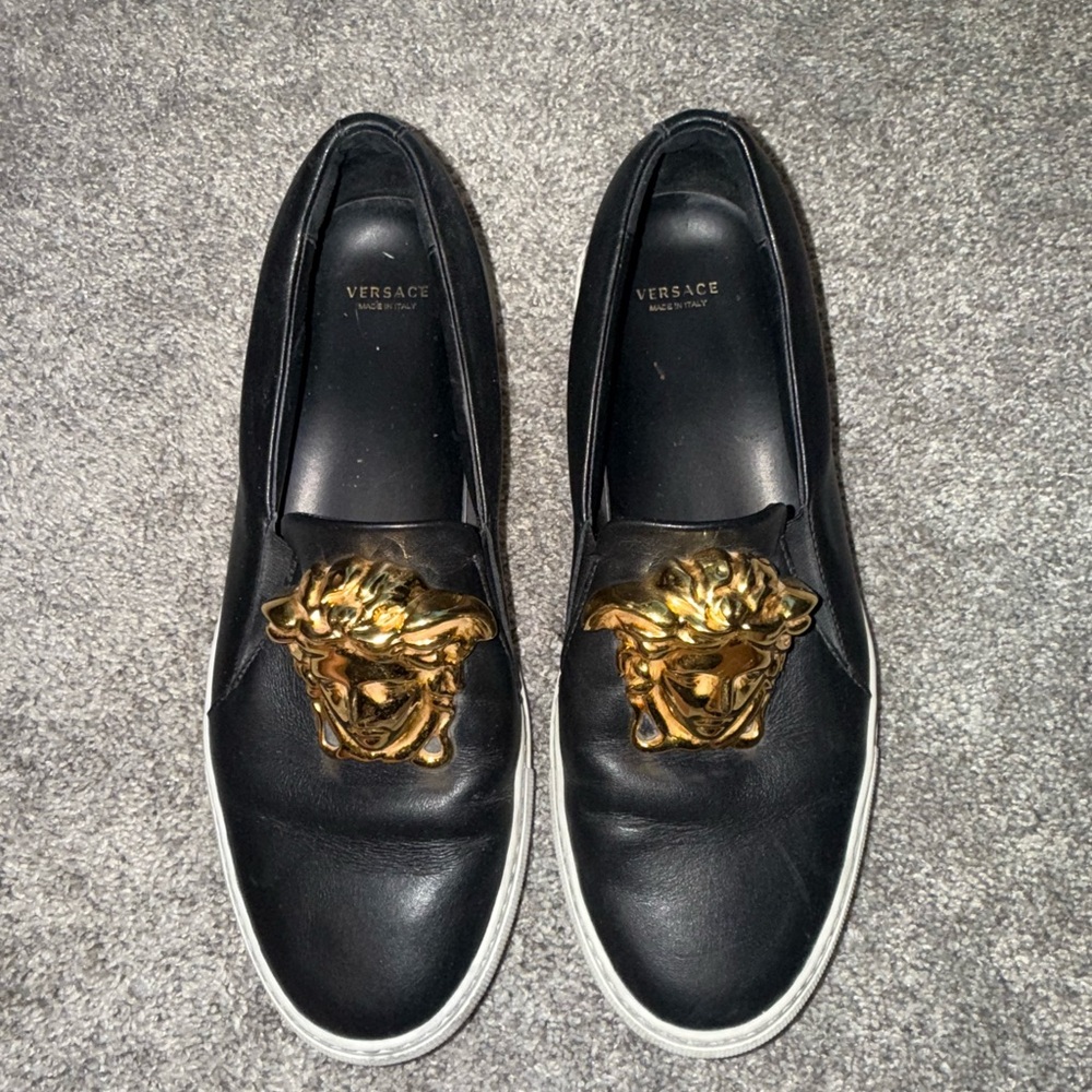 Versace Black Loafers with Gold Medusa Accent